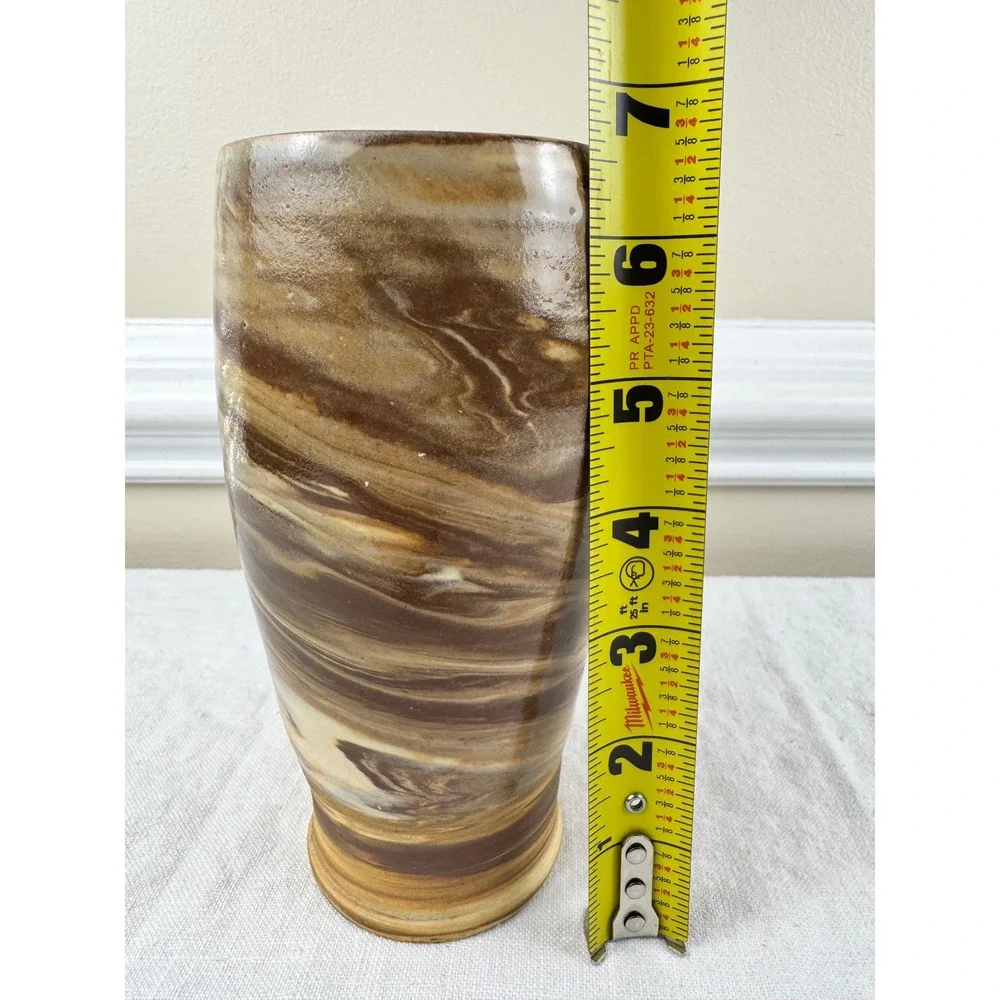 Hand Thrown Studio Pottery Marbled Agateware Vase Brown Tan Signed 6.75